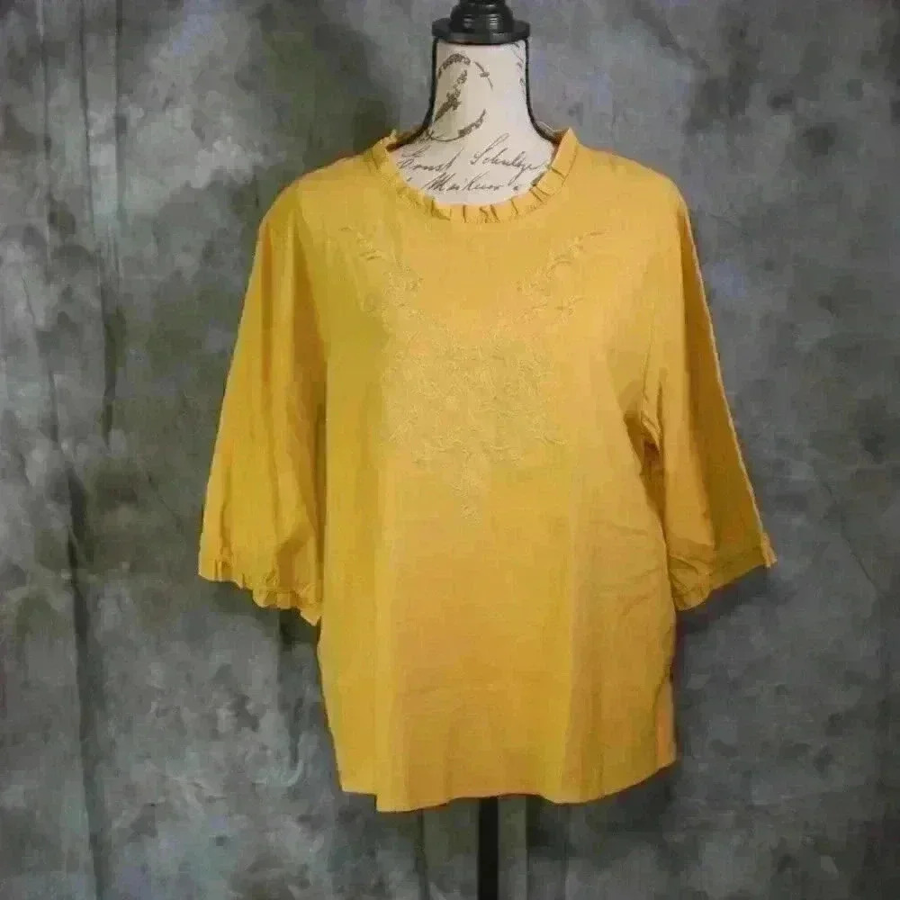 Nwt Cellabie Gold Color Embroidered Front 3/4 Sleeve 2xl Pullover Shirt